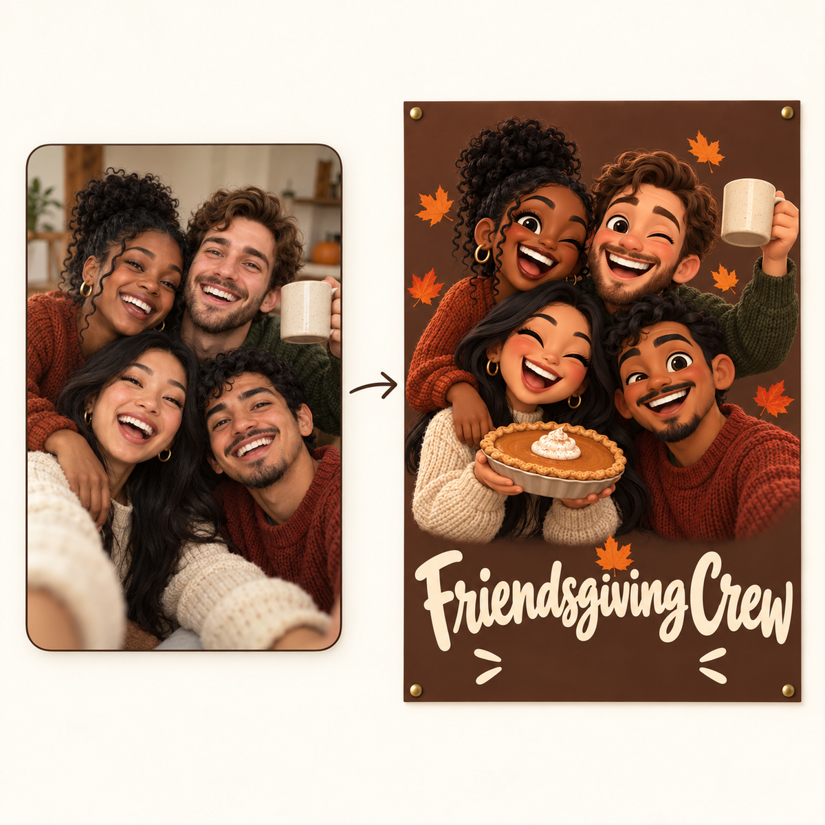 How it works: your photo to a Friendsgiving caricature poster