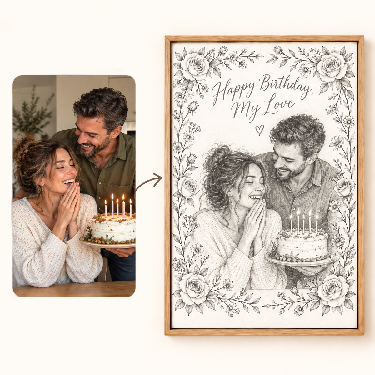 How it works: your photo to a Birthday pencil sketch canvas