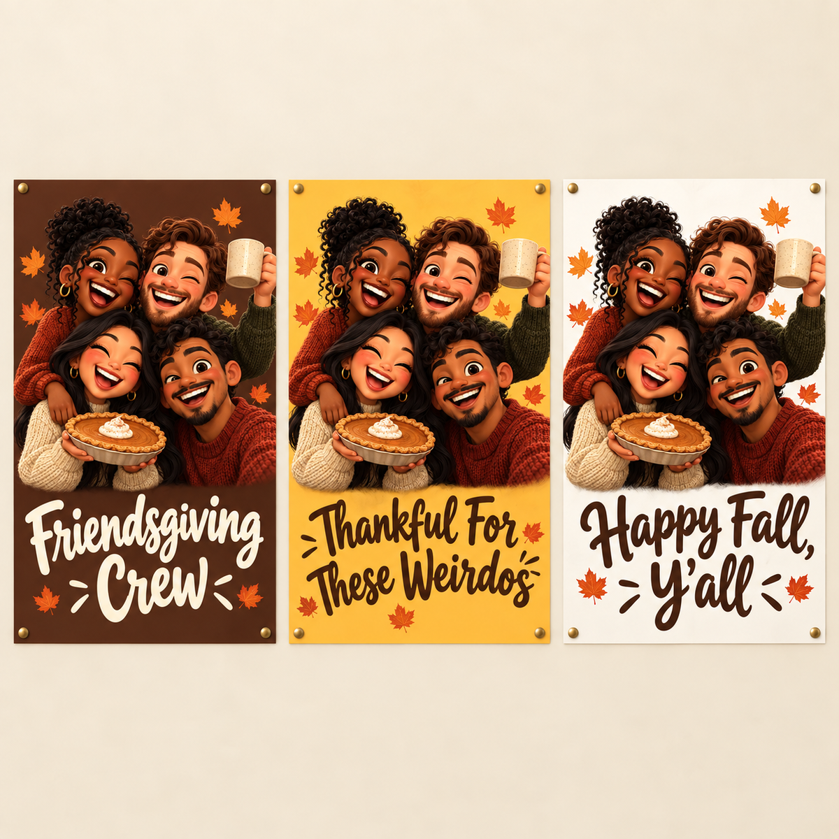 Three background colors and quotes on Friendsgiving caricature poster