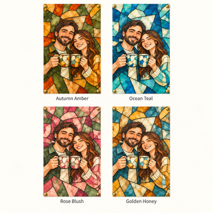 Three background colors and quotes on Housewarming stained-glass poster