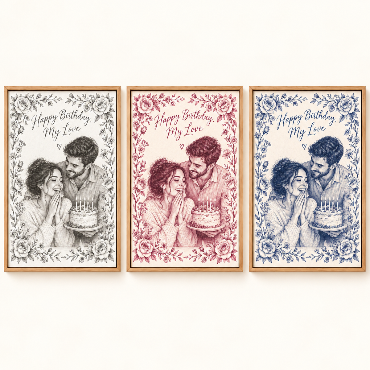 Three background colors and quotes on Birthday pencil sketch canvas