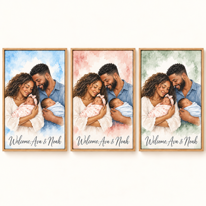 Three background colors and quotes on New Baby watercolor canvas