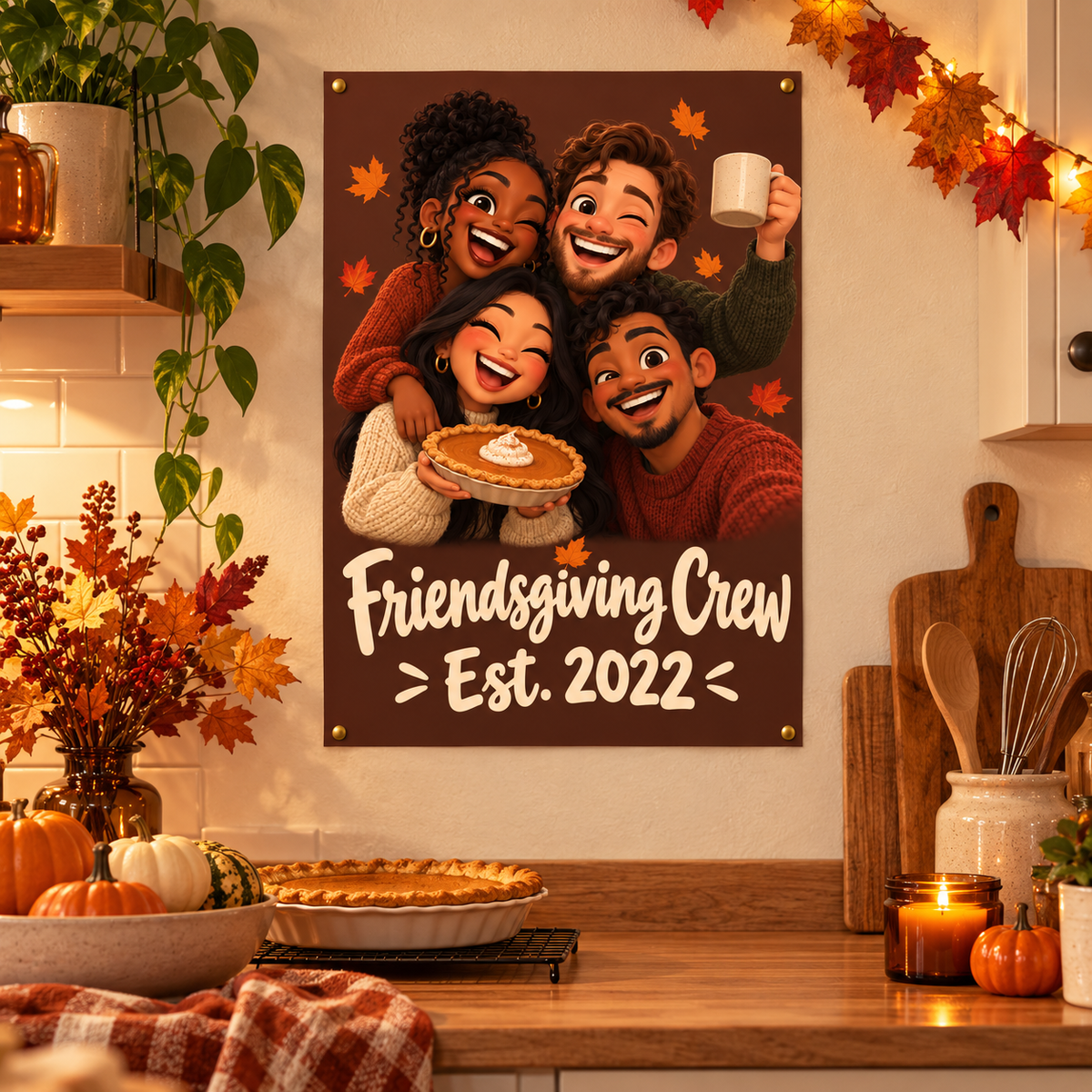 Friendsgiving caricature poster in a fall-decorated home