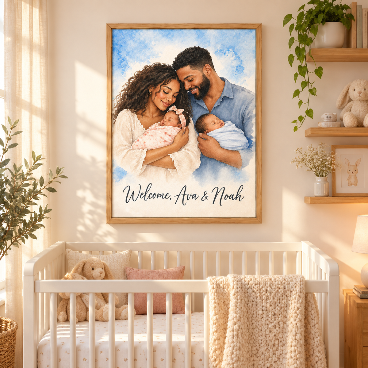 New Baby watercolor canvas in a fall-decorated home