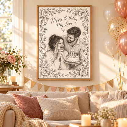 Birthday pencil sketch canvas in a fall-decorated home