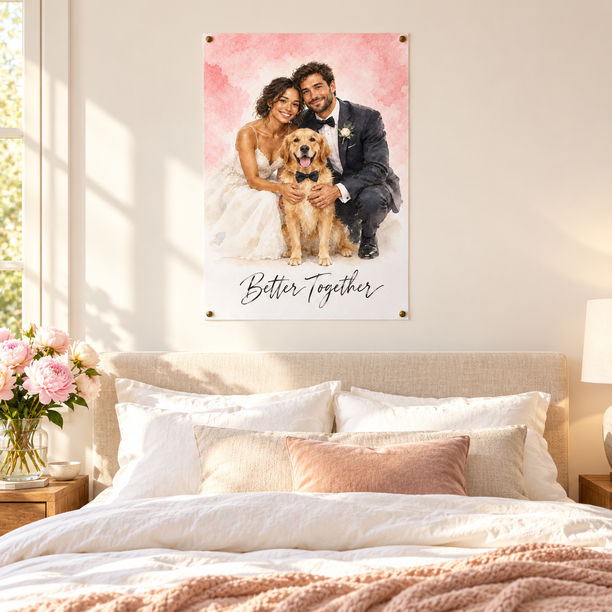 Wedding watercolor poster in a fall-decorated home