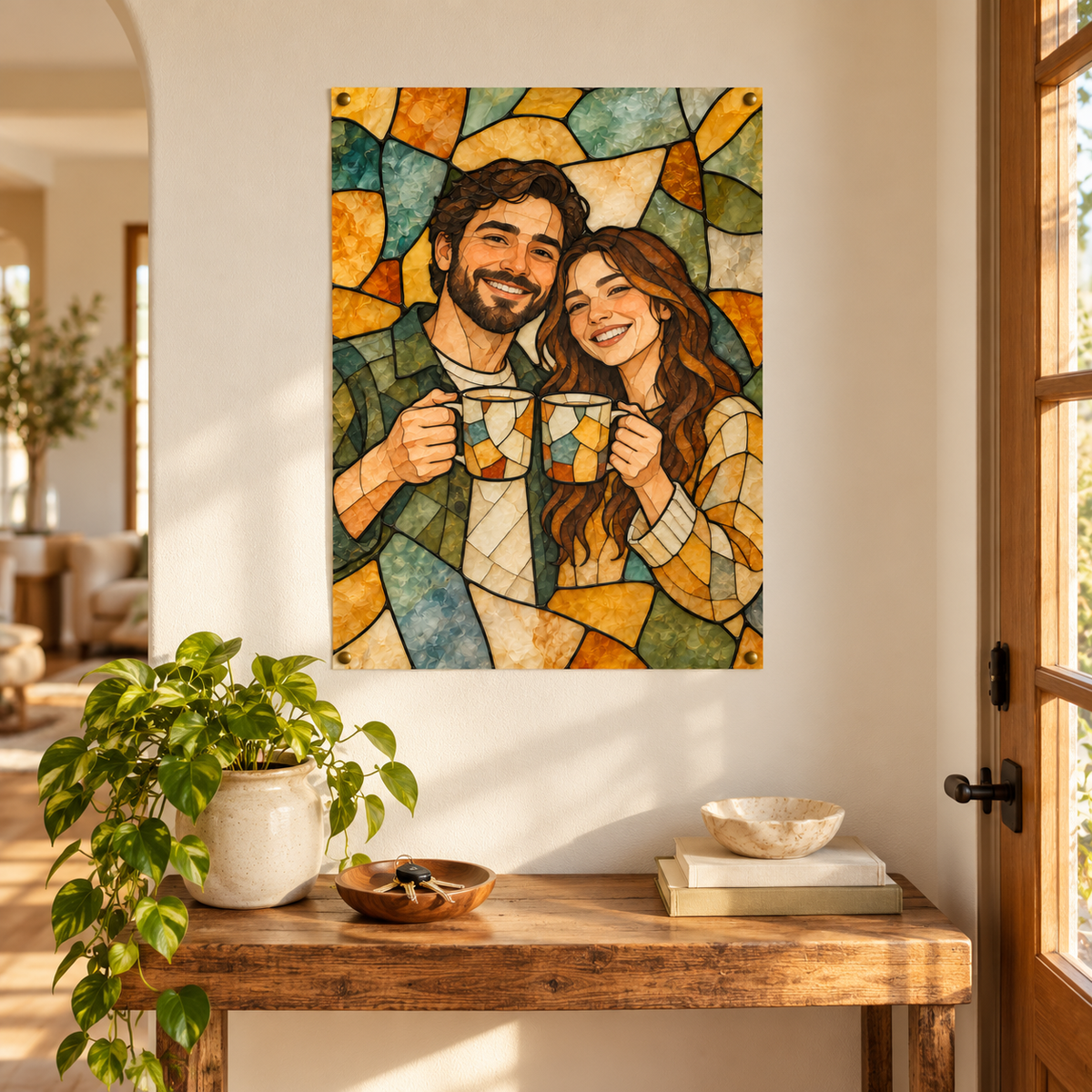 Housewarming stained-glass poster in a fall-decorated home