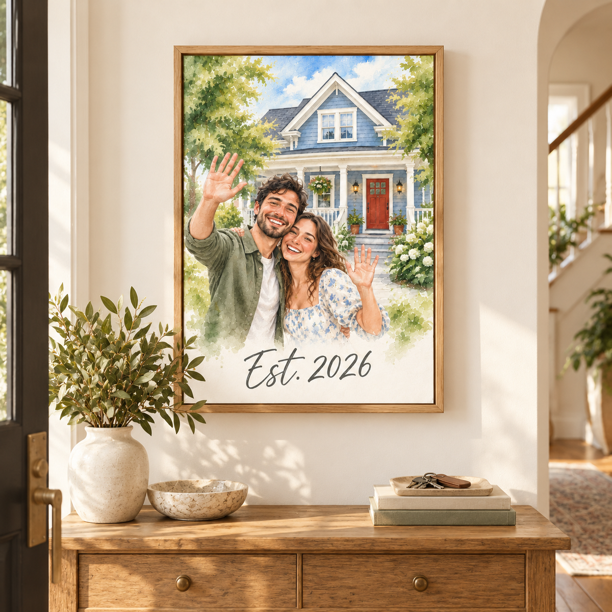 Housewarming watercolor canvas in a fall-decorated home