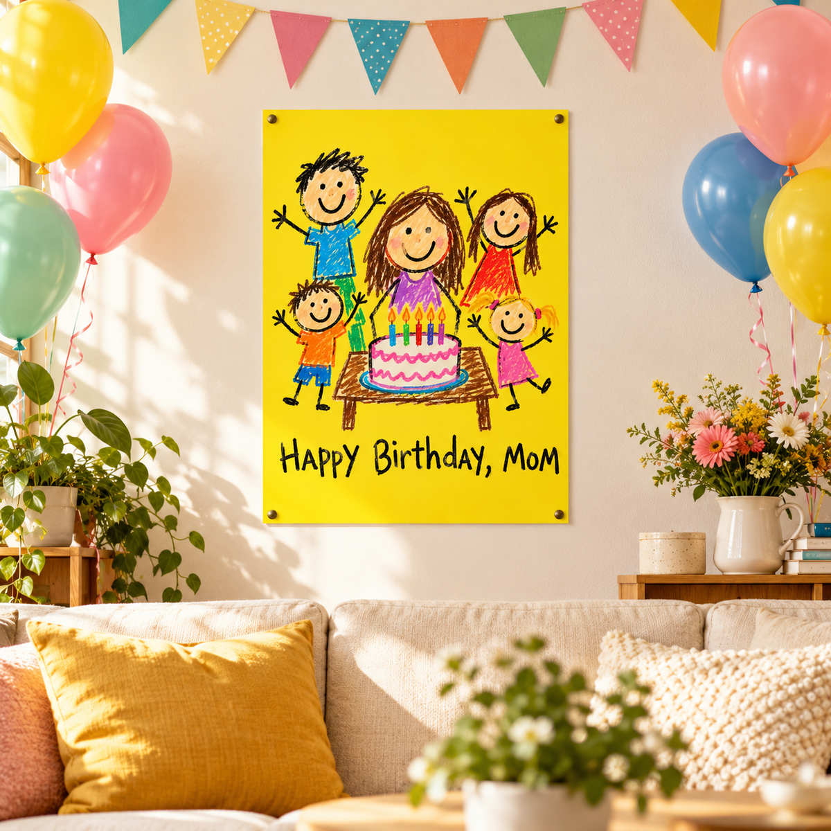 Birthday doodle poster in a fall-decorated home