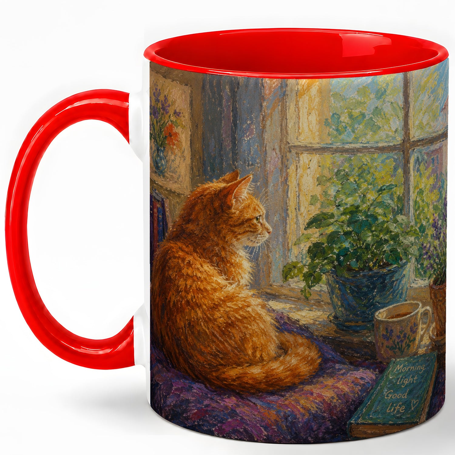 #pl[11oz|Red] Orange Cat Window Ceramic Mug, Cozy Morning Reading Coffee Cup