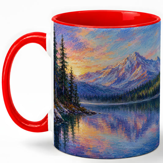 #pl[11oz|Red] Mountain Sunrise Ceramic Mug, Alpine Lake Nature Coffee Cup
