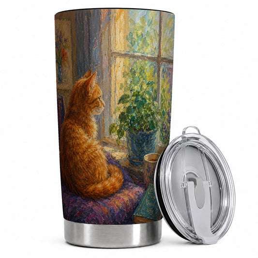 #pl[Steel] Orange Cat Window 20oz Skinny Tumbler, Cozy Nature Travel Cup