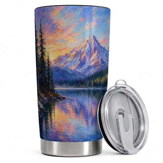 #pl[Steel] Mountain Sunrise 20oz Stainless Steel Tumbler, Alpine Lake Travel Cup