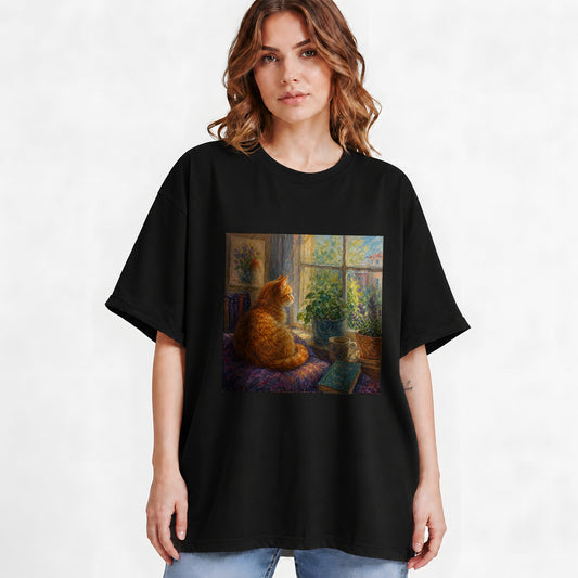 #pl[Black] Orange Cat Window Graphic T-Shirt, Cozy Nature Unisex Tee