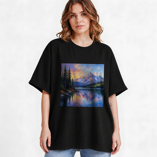 #pl[Black] Mountain Sunrise Graphic T-Shirt, Alpine Landscape Unisex Tee