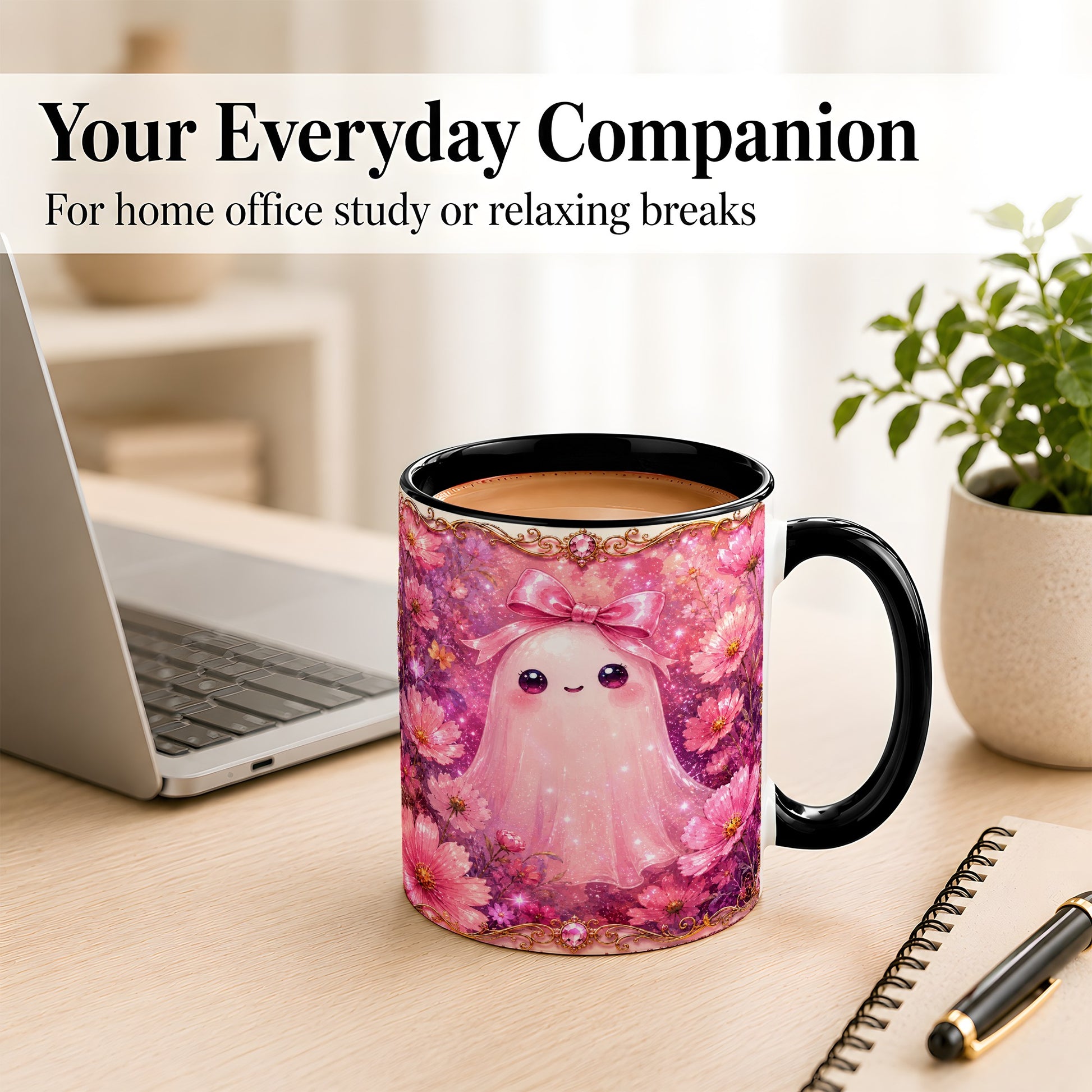 #pl[11oz|Black] Pink Ghost Coffee Mug, Floral Bow Mug, Ceramic Cup with Cosmos Art