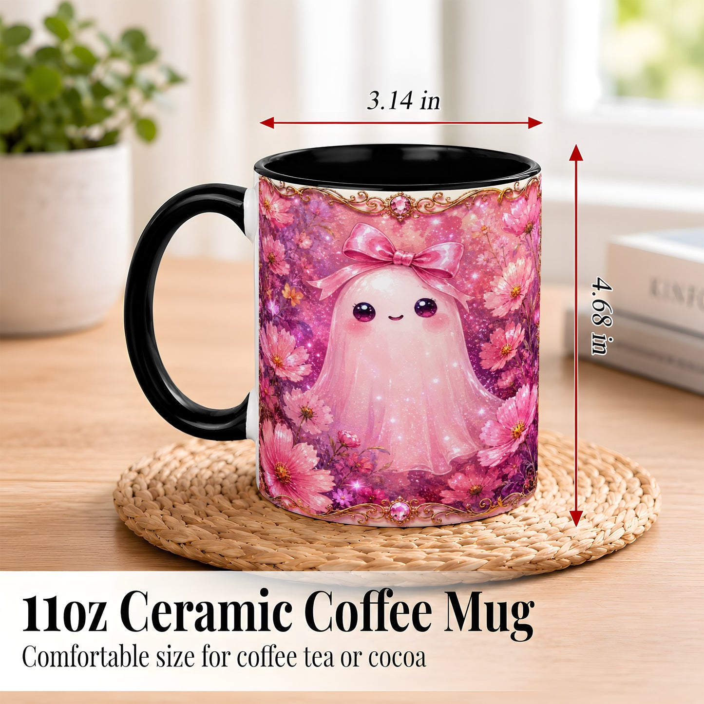 #pl[11oz|Black] Pink Ghost Coffee Mug, Floral Bow Mug, Ceramic Cup with Cosmos Art