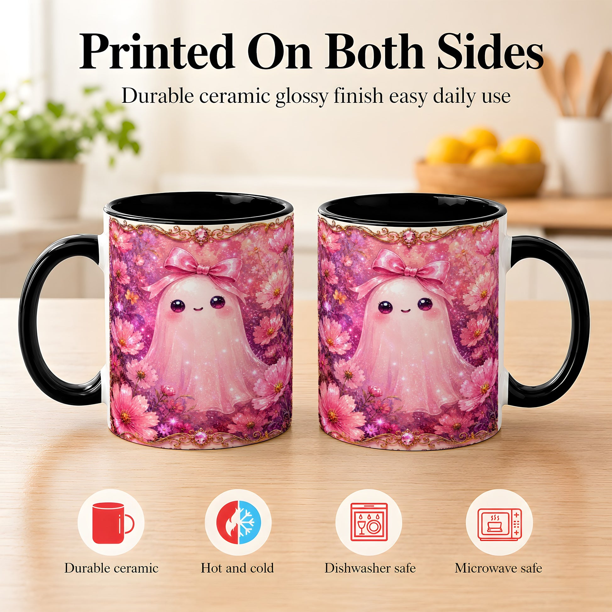 #pl[11oz|Black] Pink Ghost Coffee Mug, Floral Bow Mug, Ceramic Cup with Cosmos Art