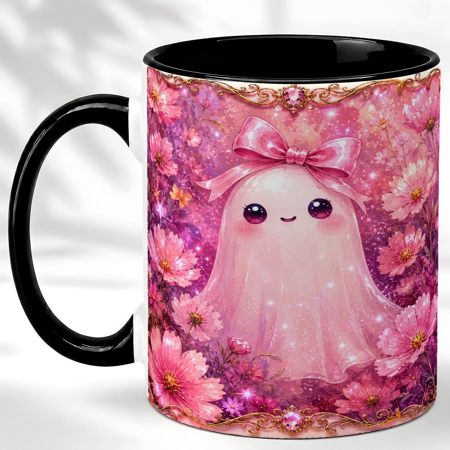 #pl[11oz|Black] Pink Ghost Coffee Mug, Floral Bow Mug, Ceramic Cup with Cosmos Art
