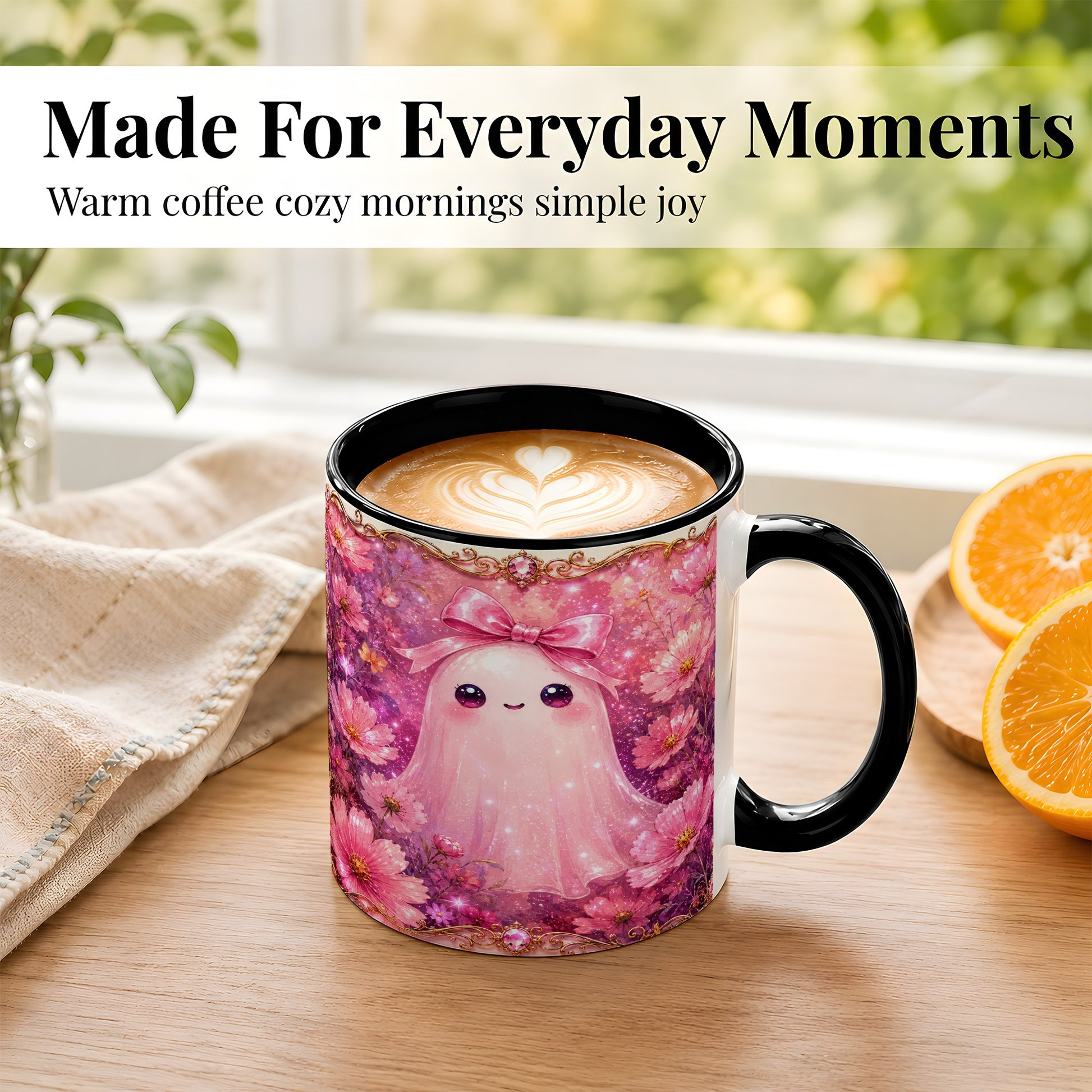 #pl[11oz|Black] Pink Ghost Coffee Mug, Floral Bow Mug, Ceramic Cup with Cosmos Art