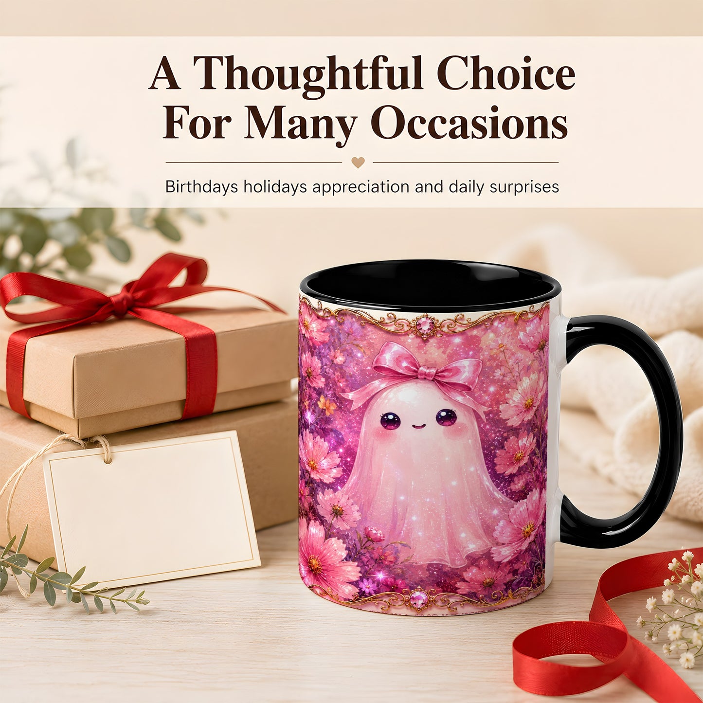 #pl[11oz|Black] Pink Ghost Coffee Mug, Floral Bow Mug, Ceramic Cup with Cosmos Art