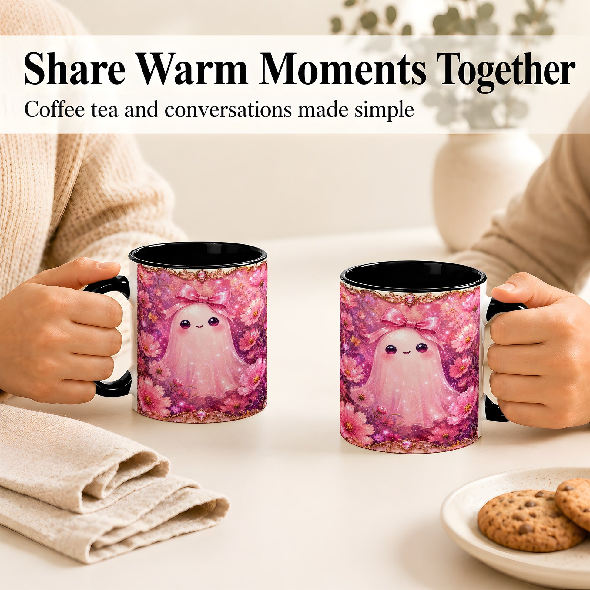 #pl[11oz|Black] Pink Ghost Coffee Mug, Floral Bow Mug, Ceramic Cup with Cosmos Art