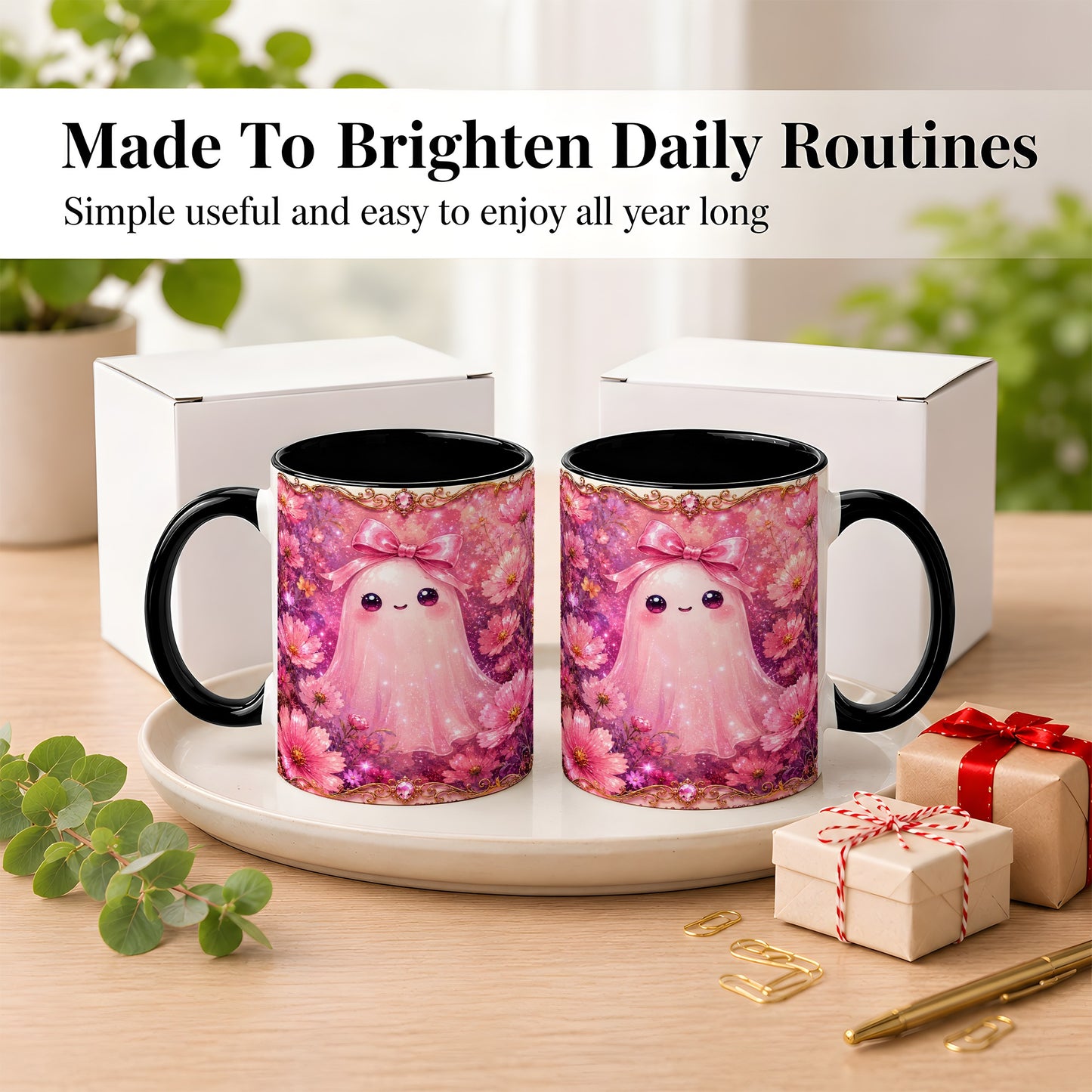 #pl[11oz|Black] Pink Ghost Coffee Mug, Floral Bow Mug, Ceramic Cup with Cosmos Art