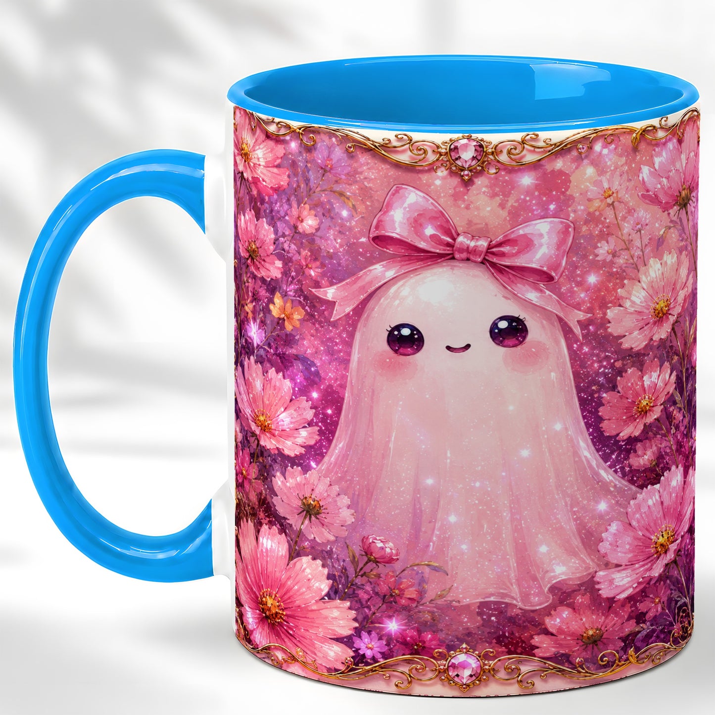 #pl[11oz|Blue] Pink Ghost Coffee Mug, Floral Bow Mug, Ceramic Cup with Cosmos Art
