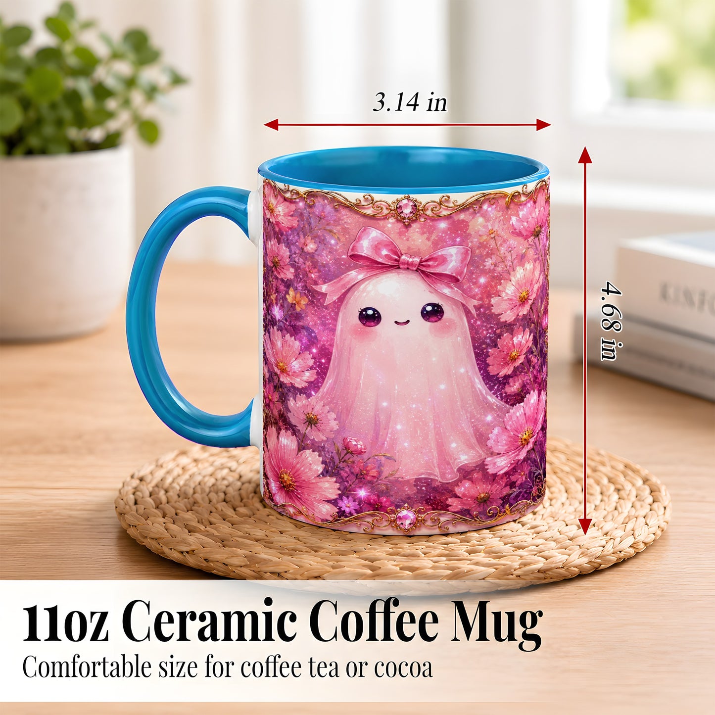 #pl[11oz|Blue] Pink Ghost Coffee Mug, Floral Bow Mug, Ceramic Cup with Cosmos Art