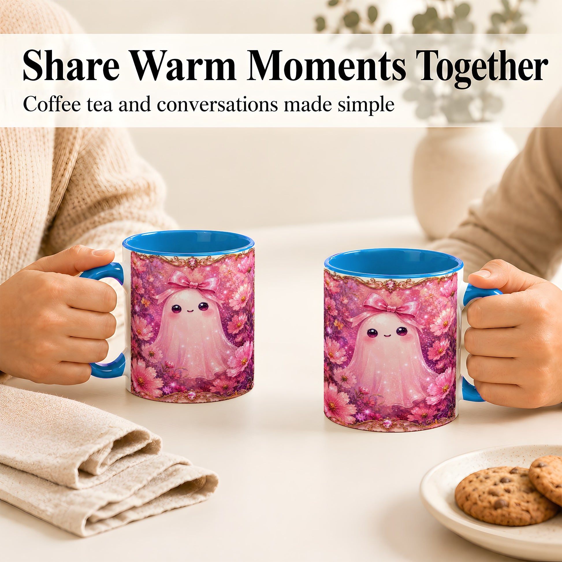 #pl[11oz|Blue] Pink Ghost Coffee Mug, Floral Bow Mug, Ceramic Cup with Cosmos Art