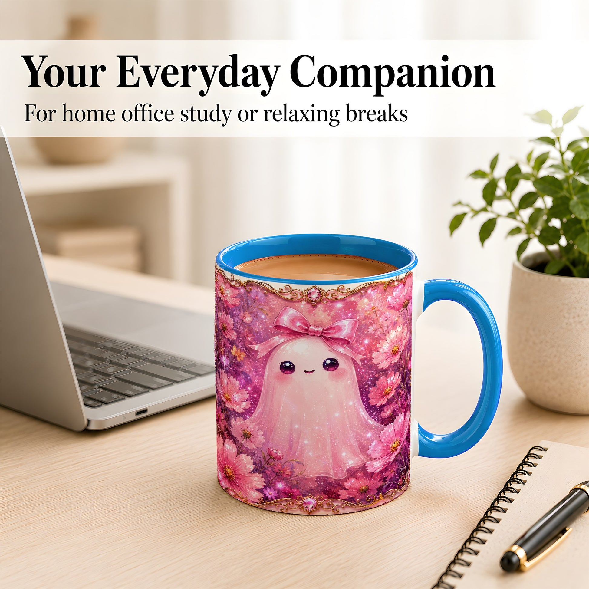 #pl[11oz|Blue] Pink Ghost Coffee Mug, Floral Bow Mug, Ceramic Cup with Cosmos Art