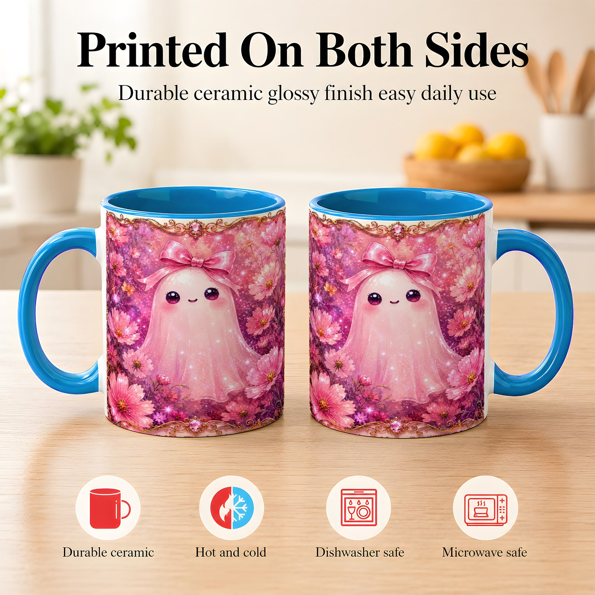 #pl[11oz|Blue] Pink Ghost Coffee Mug, Floral Bow Mug, Ceramic Cup with Cosmos Art