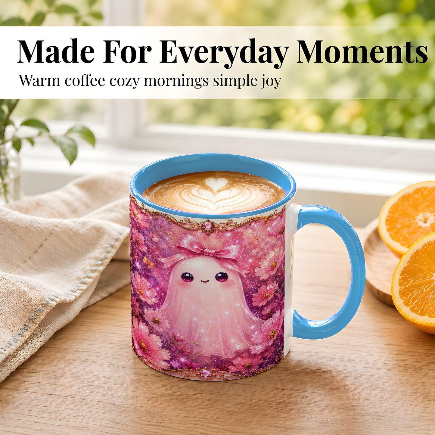 #pl[11oz|Blue] Pink Ghost Coffee Mug, Floral Bow Mug, Ceramic Cup with Cosmos Art