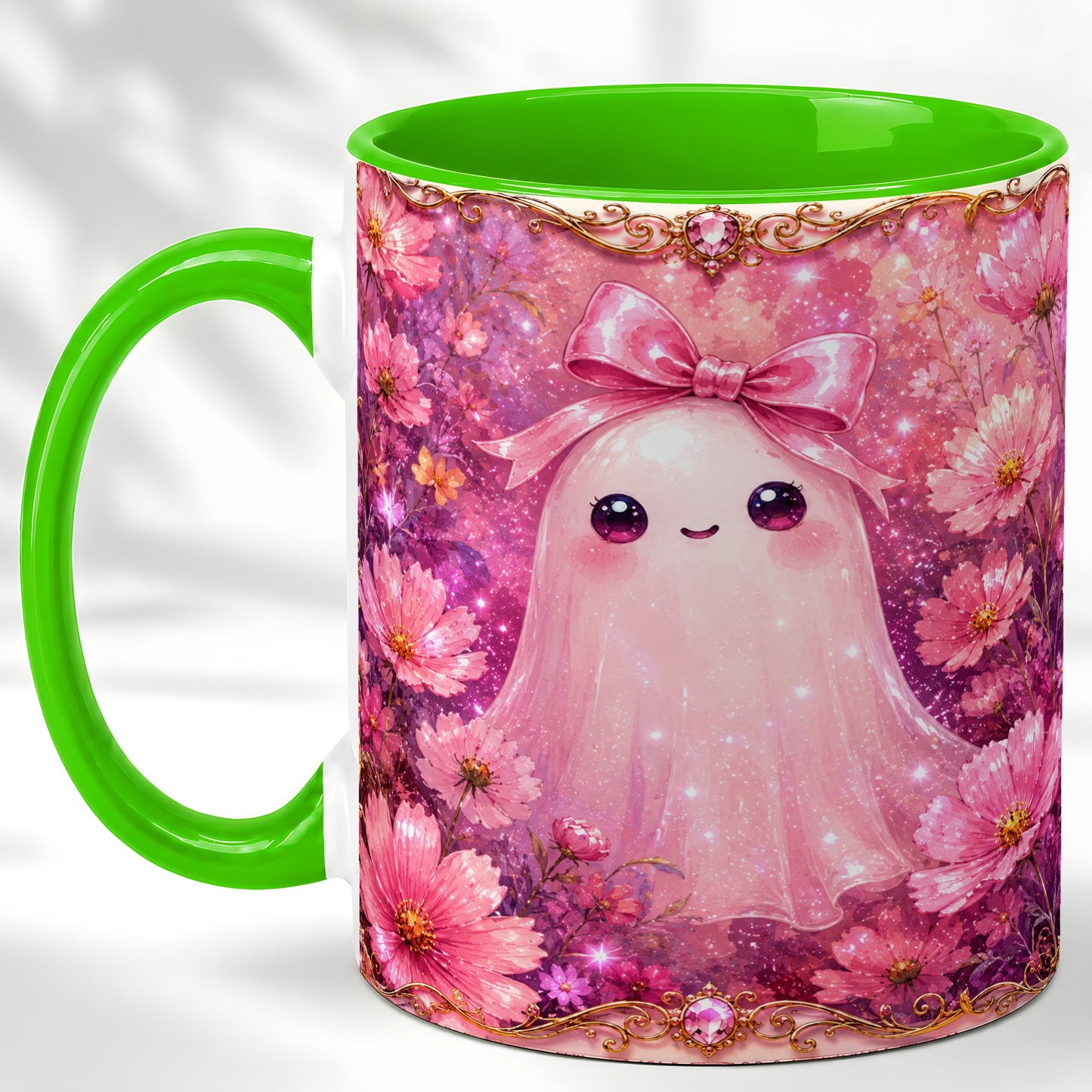 #pl[11oz|Green] Pink Ghost Coffee Mug, Floral Bow Mug, Ceramic Cup with Cosmos Art