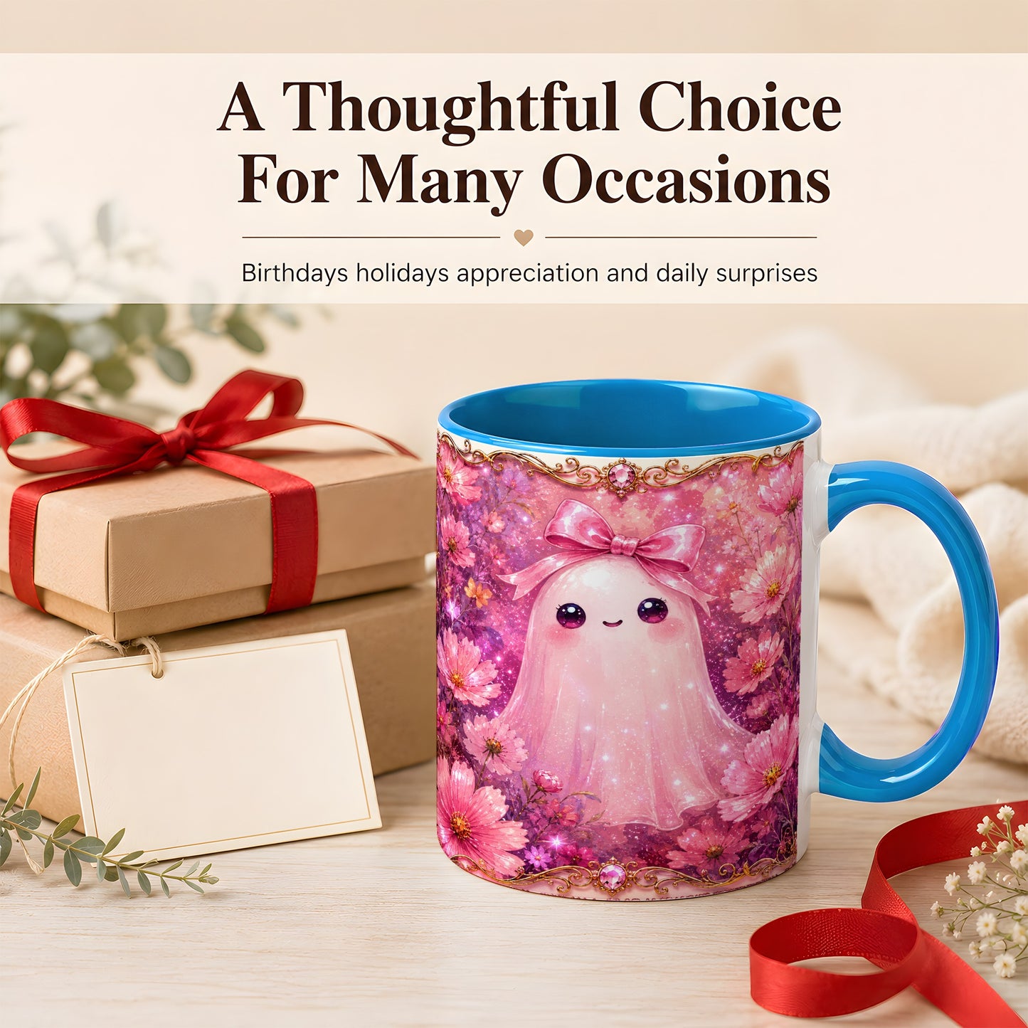 #pl[11oz|Blue] Pink Ghost Coffee Mug, Floral Bow Mug, Ceramic Cup with Cosmos Art