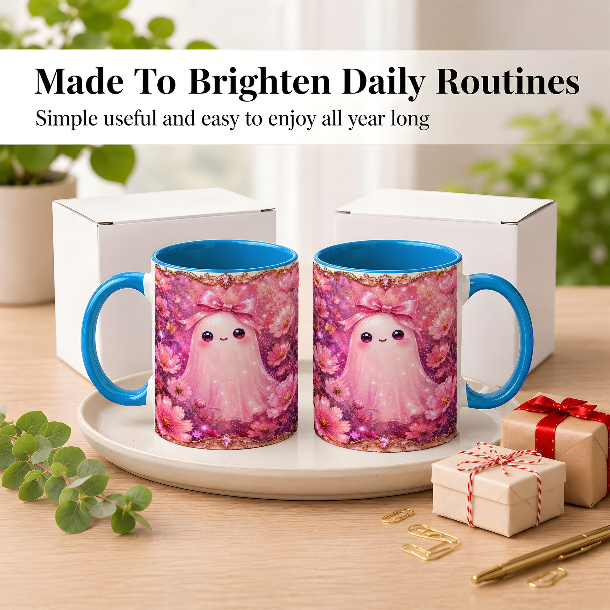 #pl[11oz|Blue] Pink Ghost Coffee Mug, Floral Bow Mug, Ceramic Cup with Cosmos Art