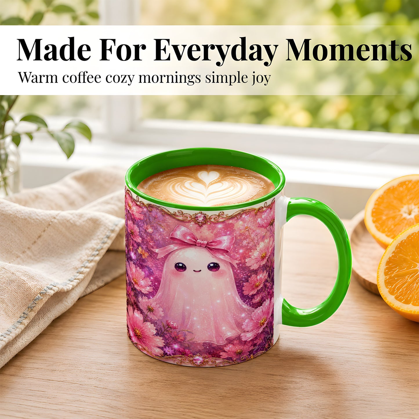 #pl[11oz|Green] Pink Ghost Coffee Mug, Floral Bow Mug, Ceramic Cup with Cosmos Art