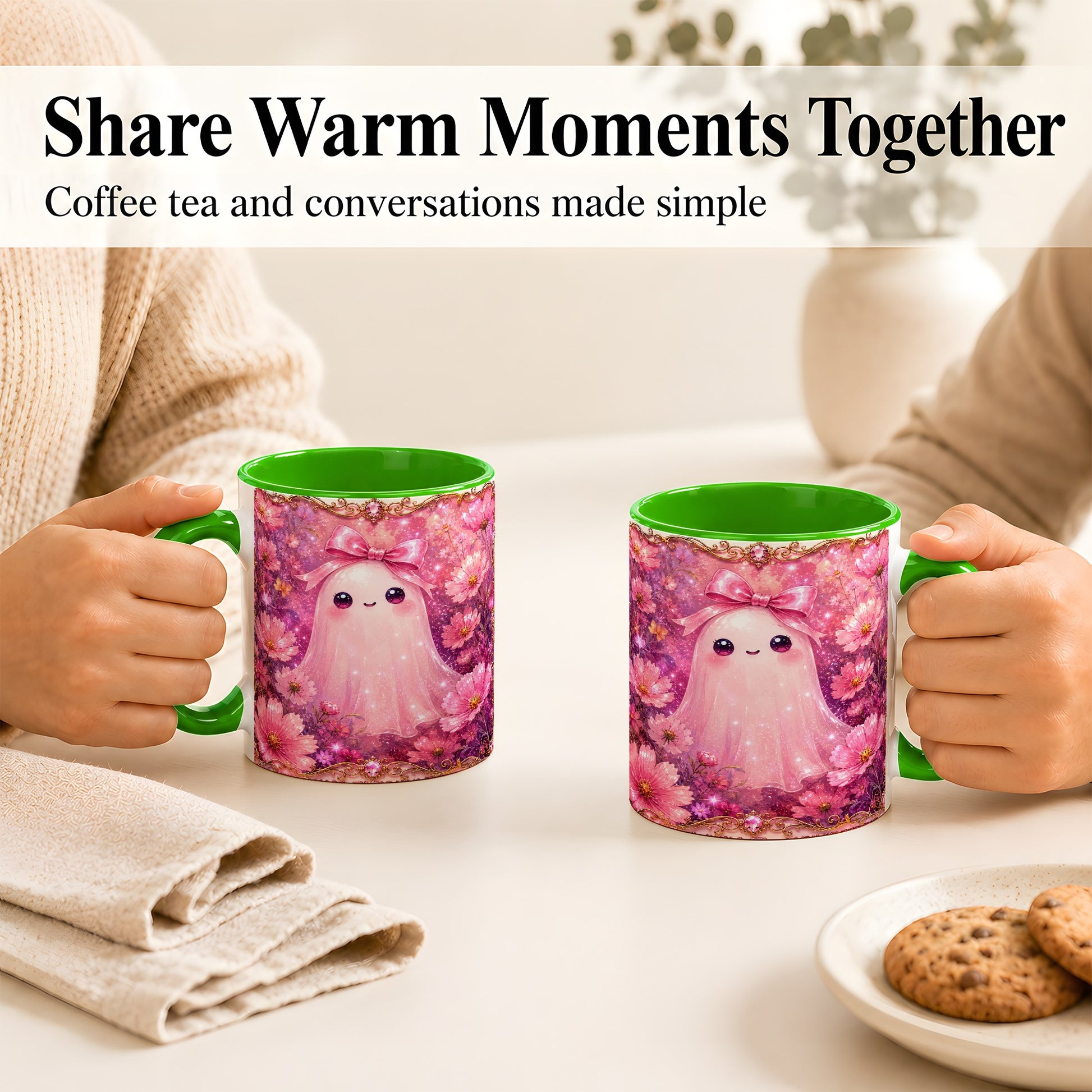 #pl[11oz|Green] Pink Ghost Coffee Mug, Floral Bow Mug, Ceramic Cup with Cosmos Art