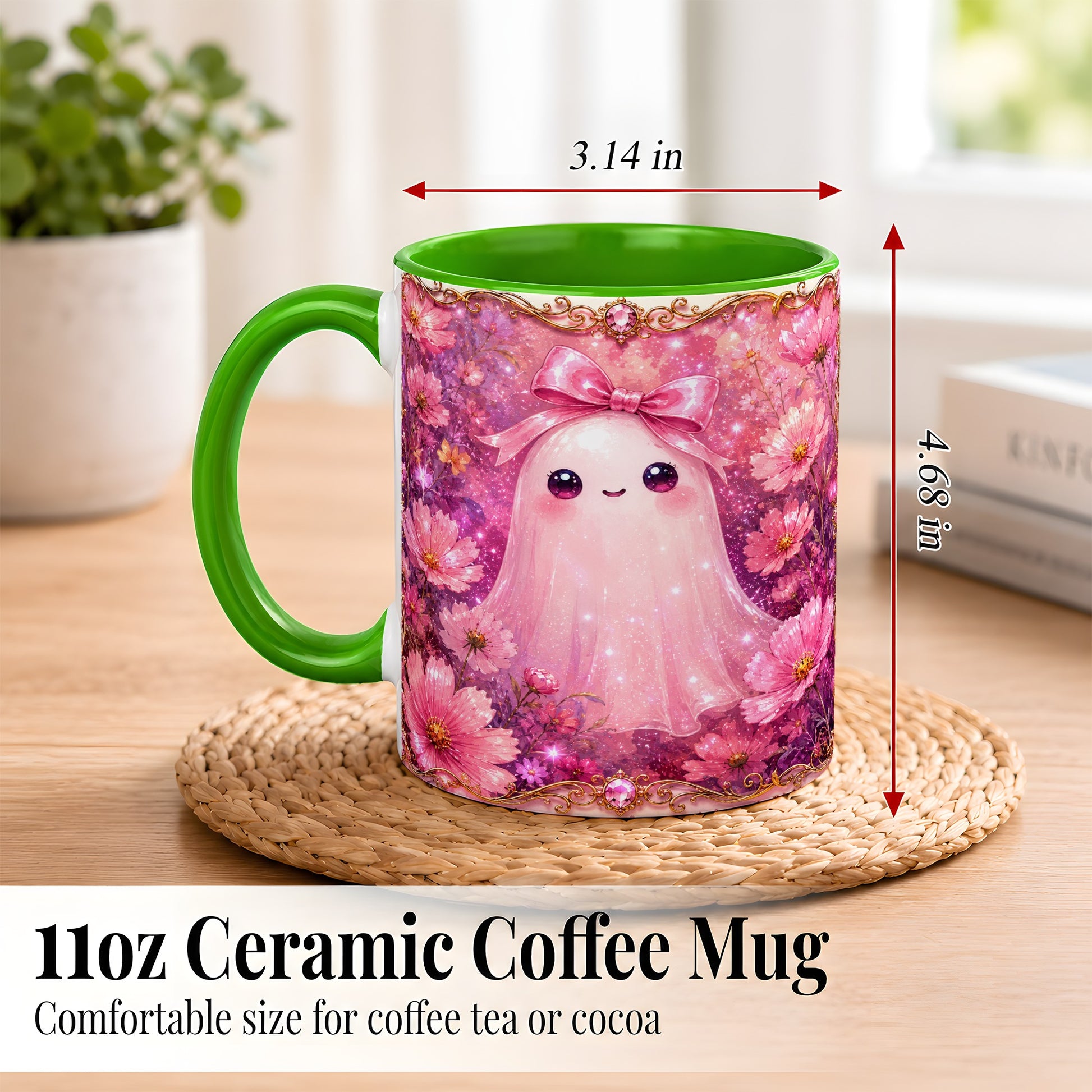 #pl[11oz|Green] Pink Ghost Coffee Mug, Floral Bow Mug, Ceramic Cup with Cosmos Art