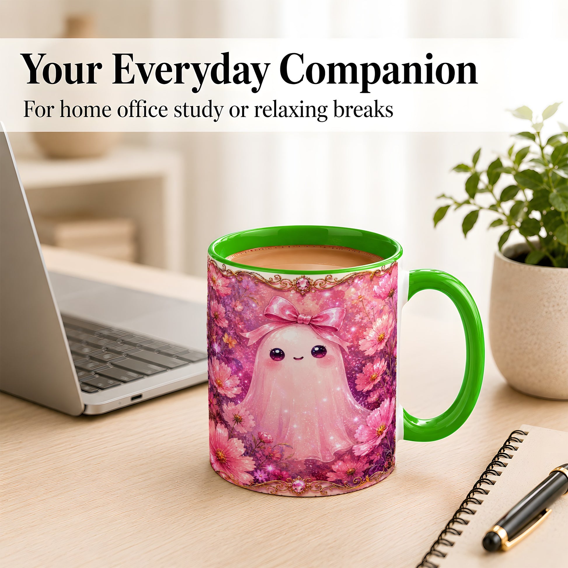 #pl[11oz|Green] Pink Ghost Coffee Mug, Floral Bow Mug, Ceramic Cup with Cosmos Art