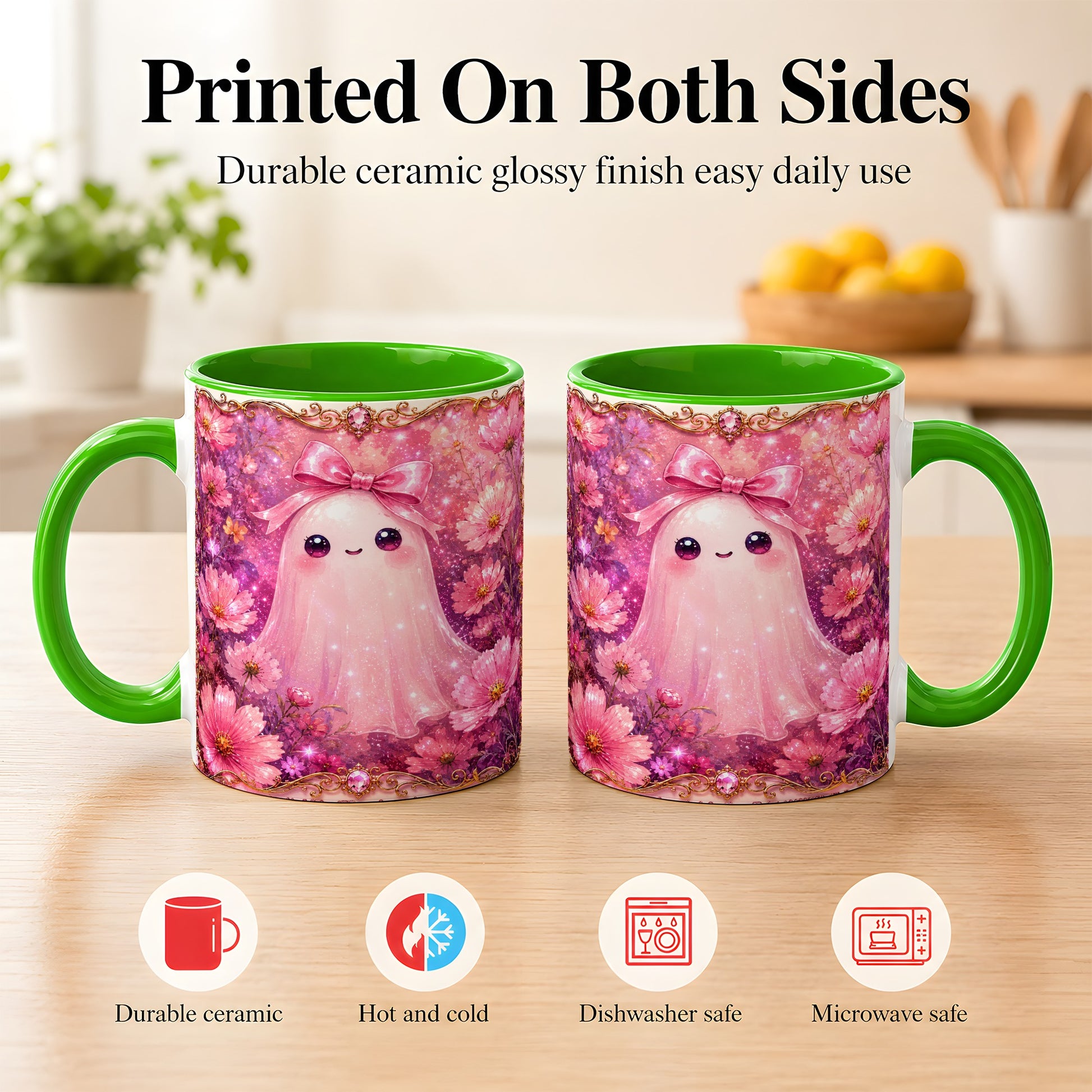 #pl[11oz|Green] Pink Ghost Coffee Mug, Floral Bow Mug, Ceramic Cup with Cosmos Art