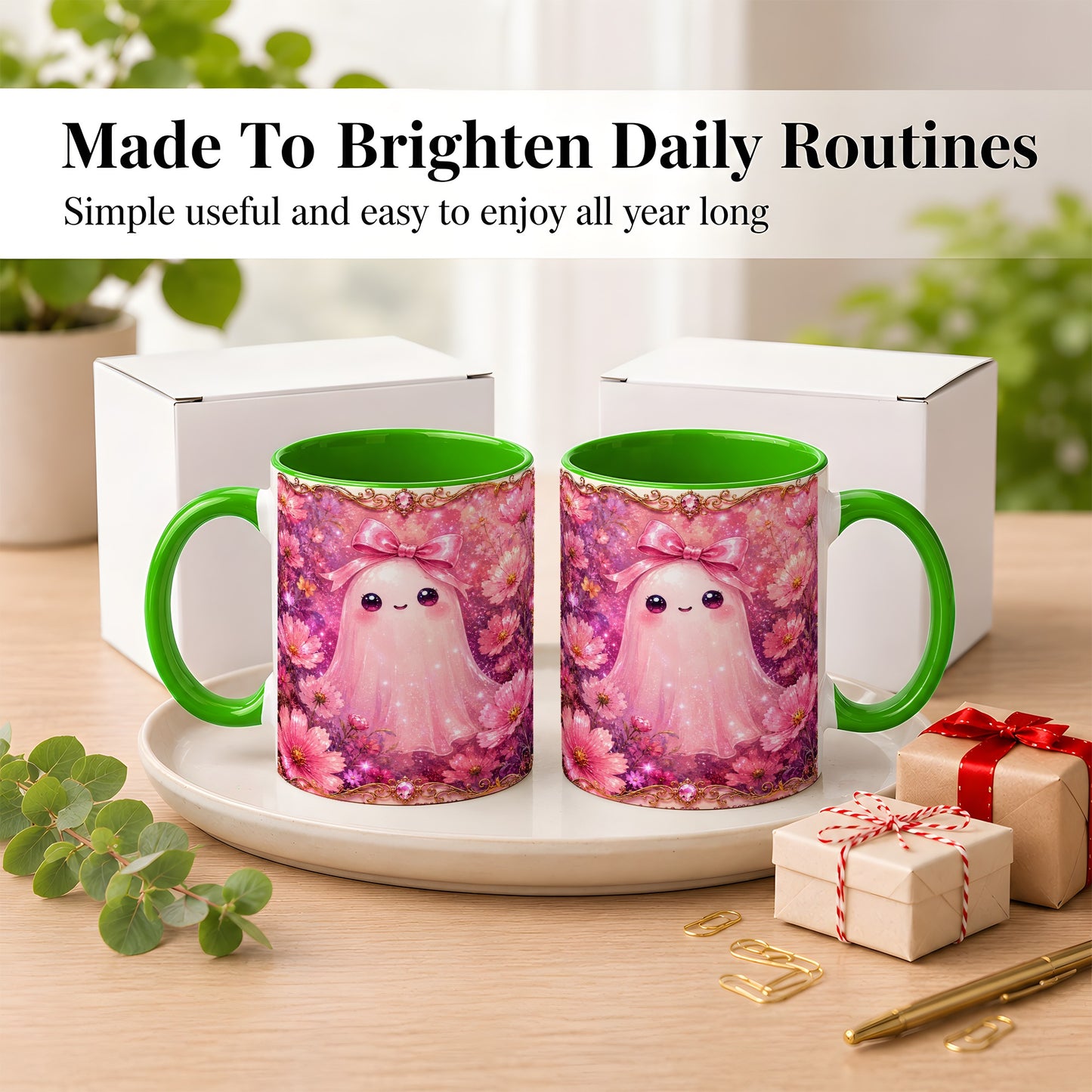 #pl[11oz|Green] Pink Ghost Coffee Mug, Floral Bow Mug, Ceramic Cup with Cosmos Art