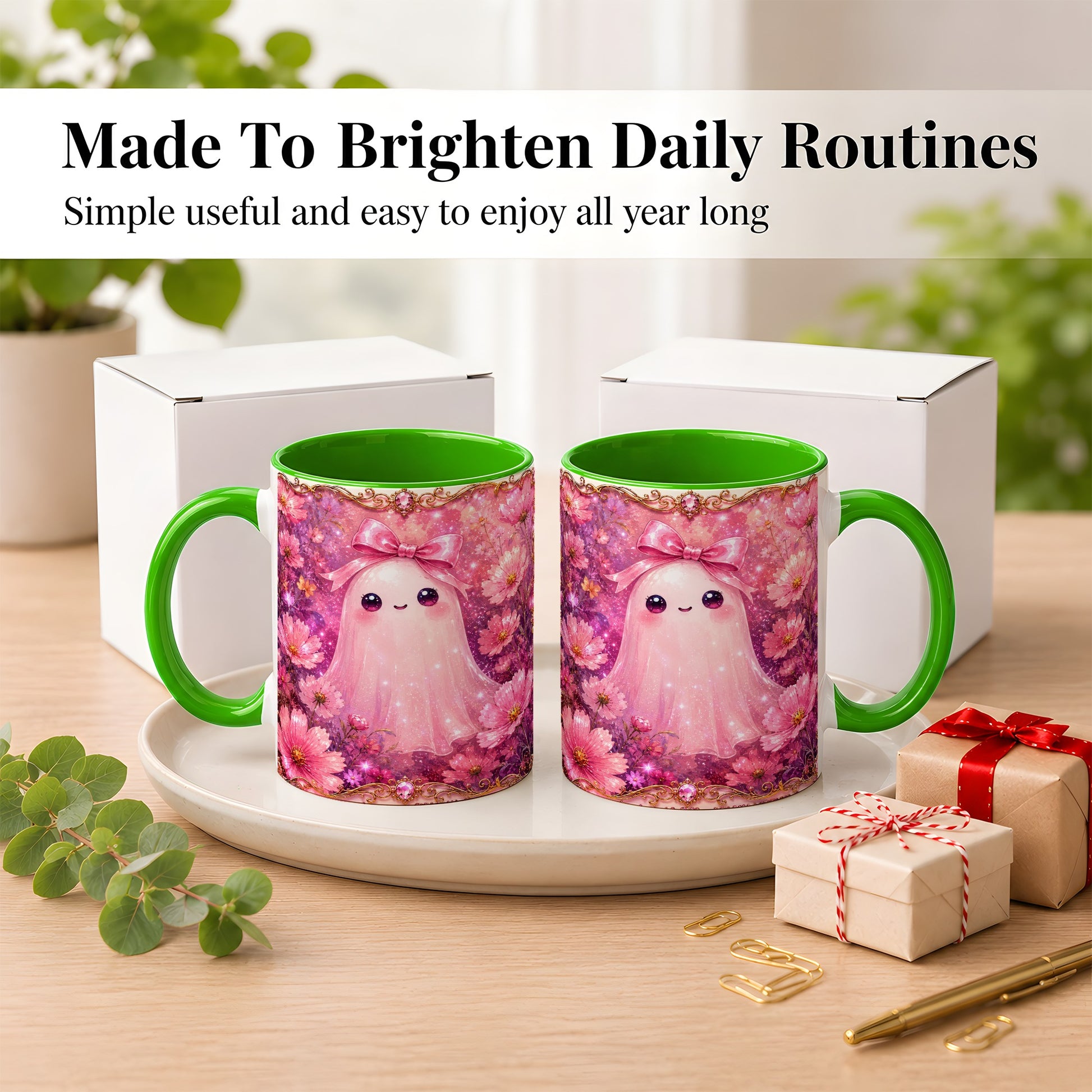 #pl[11oz|Green] Pink Ghost Coffee Mug, Floral Bow Mug, Ceramic Cup with Cosmos Art