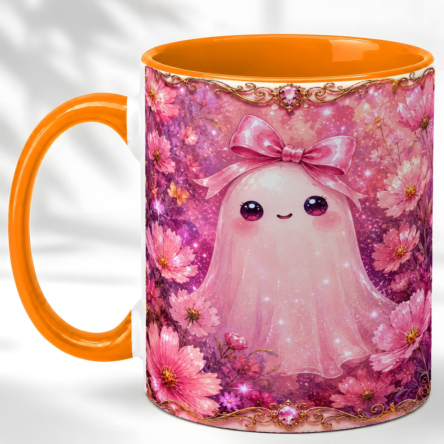 #pl[11oz|Orange] Pink Ghost Coffee Mug, Floral Bow Mug, Ceramic Cup with Cosmos Art