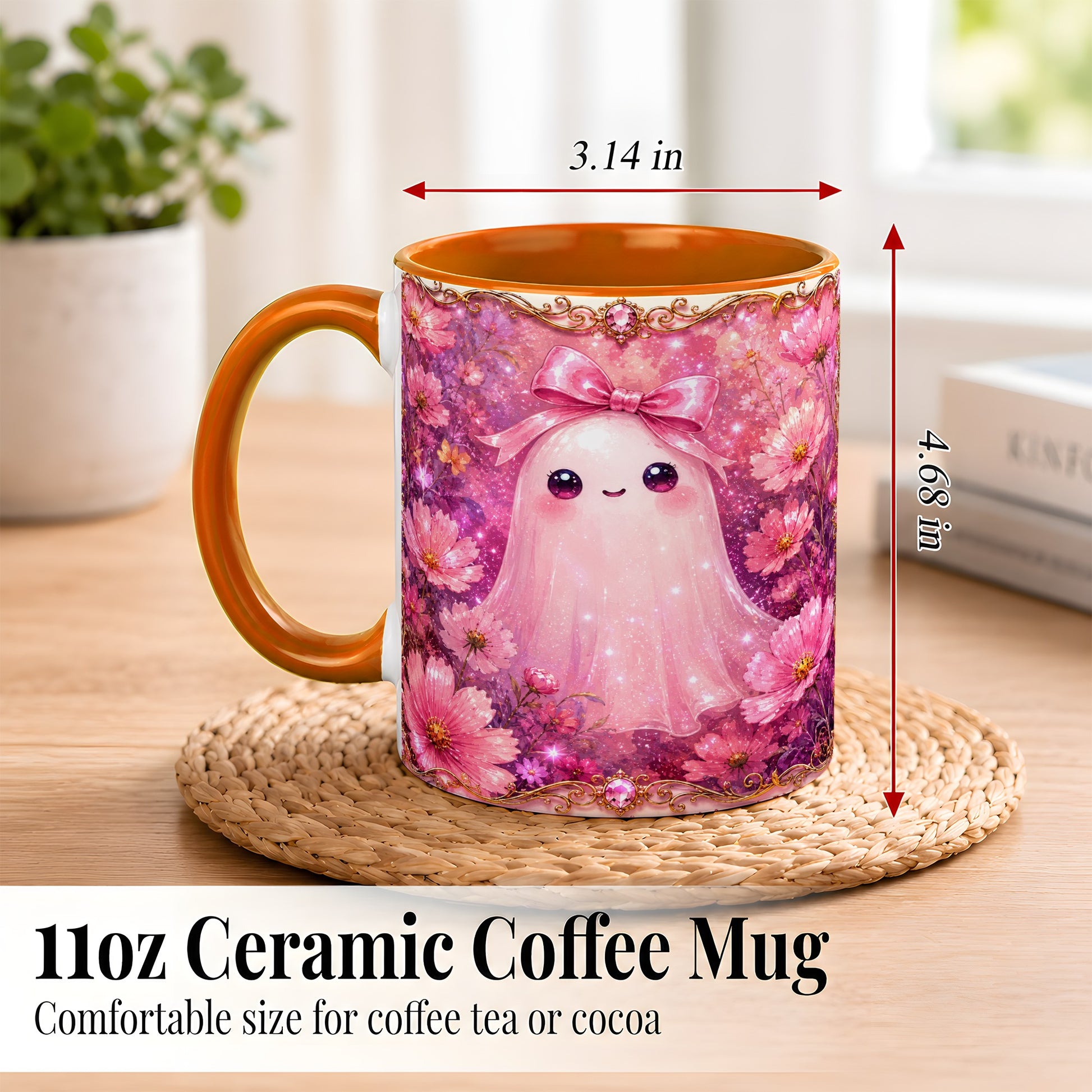 #pl[11oz|Orange] Pink Ghost Coffee Mug, Floral Bow Mug, Ceramic Cup with Cosmos Art