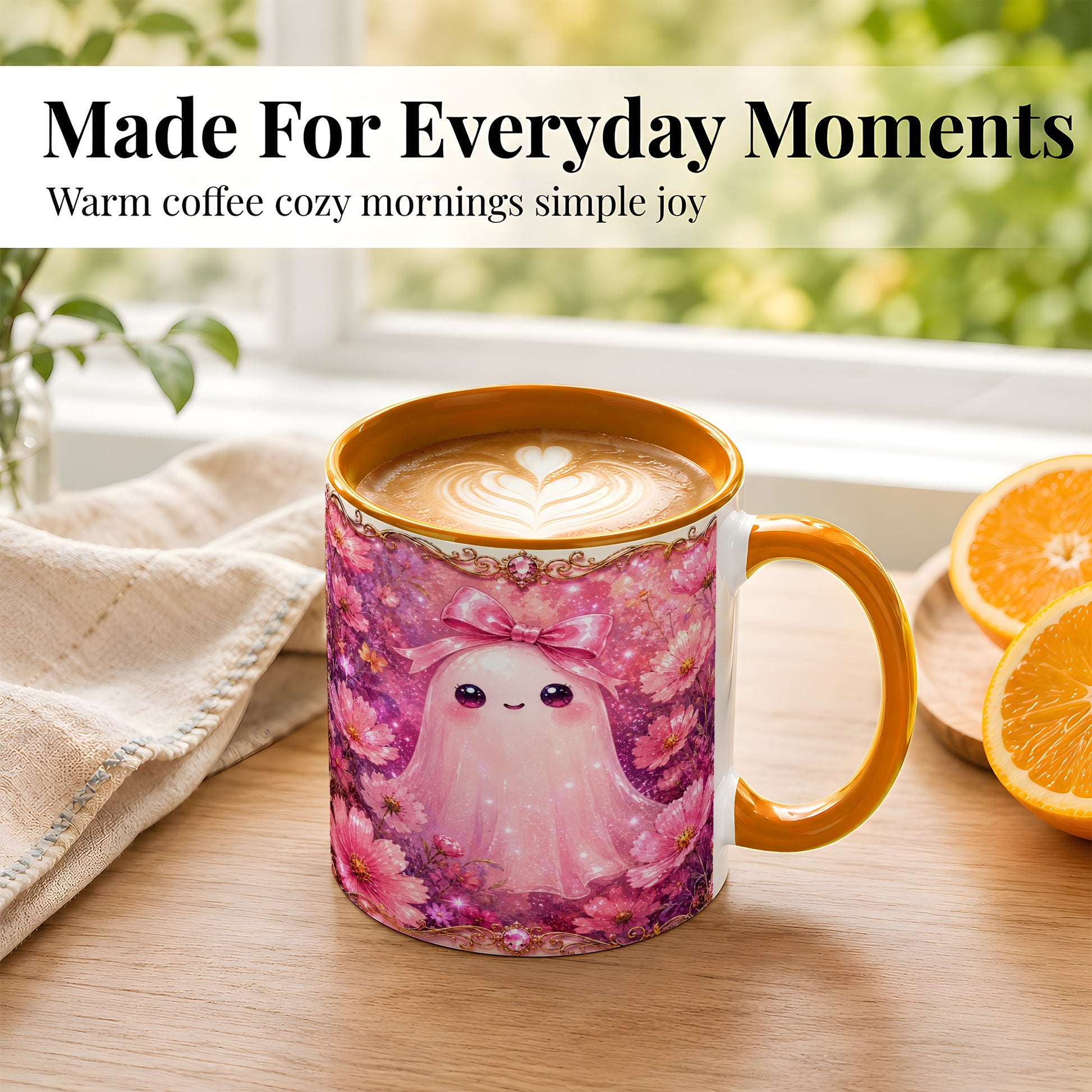 #pl[11oz|Orange] Pink Ghost Coffee Mug, Floral Bow Mug, Ceramic Cup with Cosmos Art