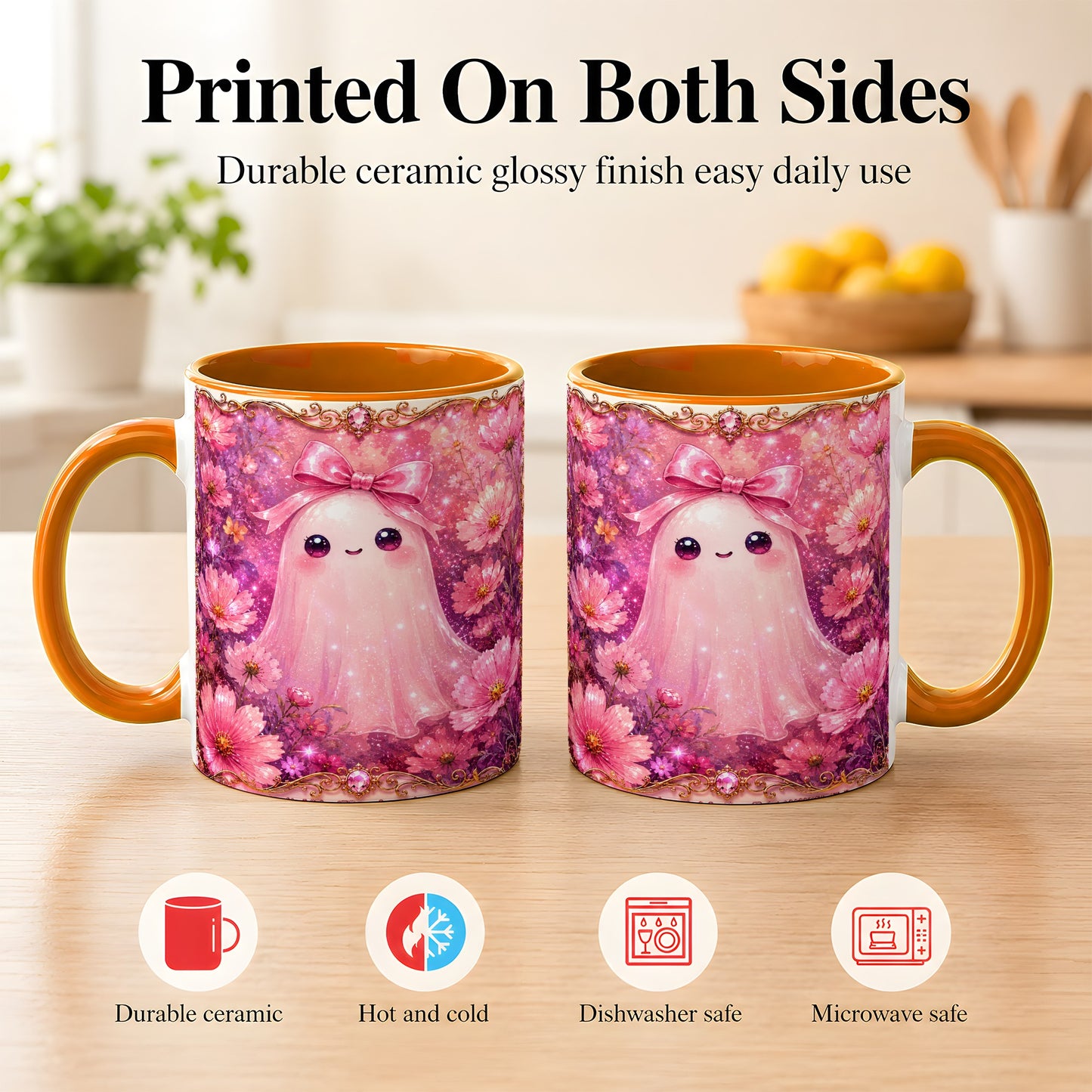 #pl[11oz|Orange] Pink Ghost Coffee Mug, Floral Bow Mug, Ceramic Cup with Cosmos Art