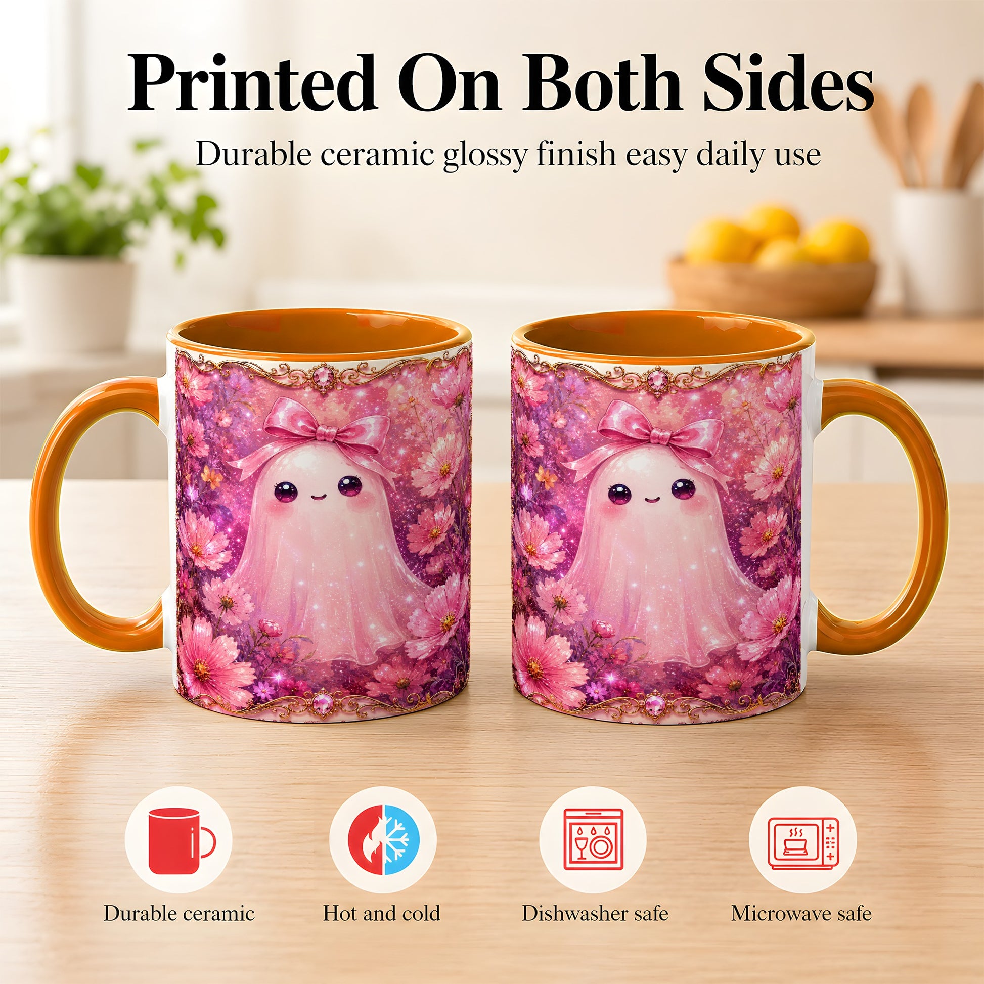 #pl[11oz|Orange] Pink Ghost Coffee Mug, Floral Bow Mug, Ceramic Cup with Cosmos Art