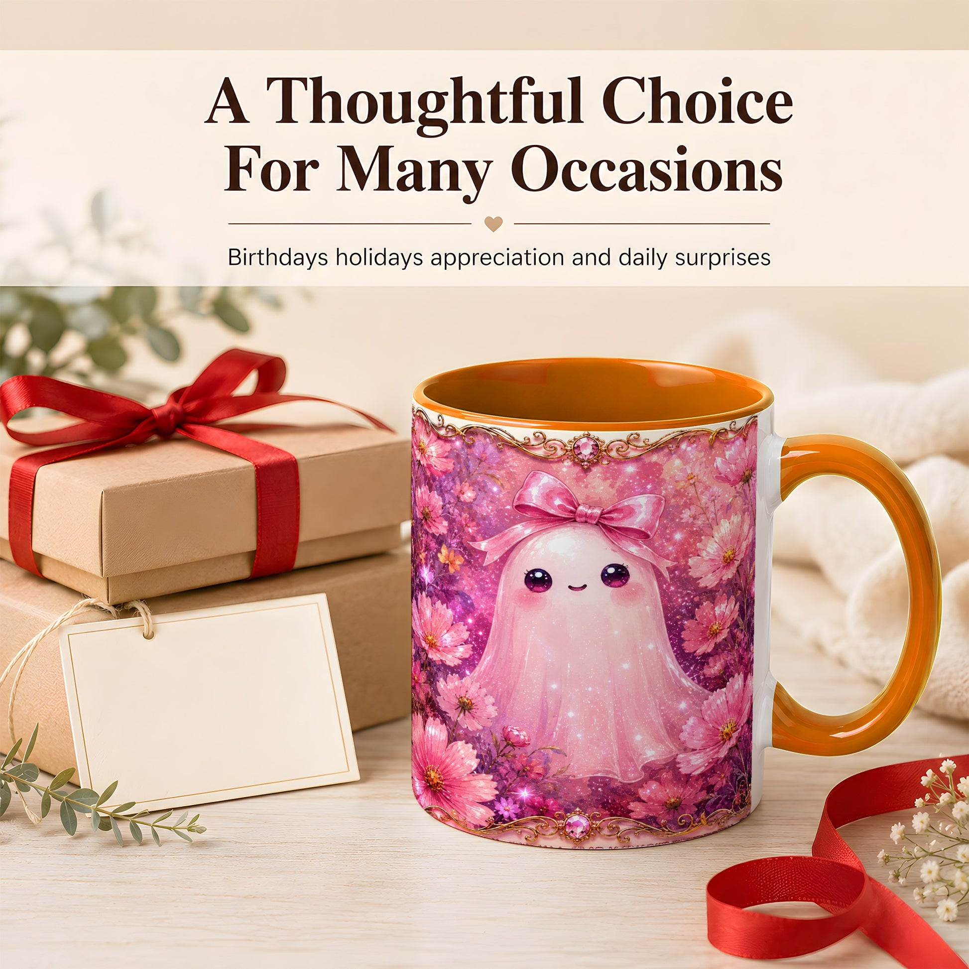 #pl[11oz|Orange] Pink Ghost Coffee Mug, Floral Bow Mug, Ceramic Cup with Cosmos Art