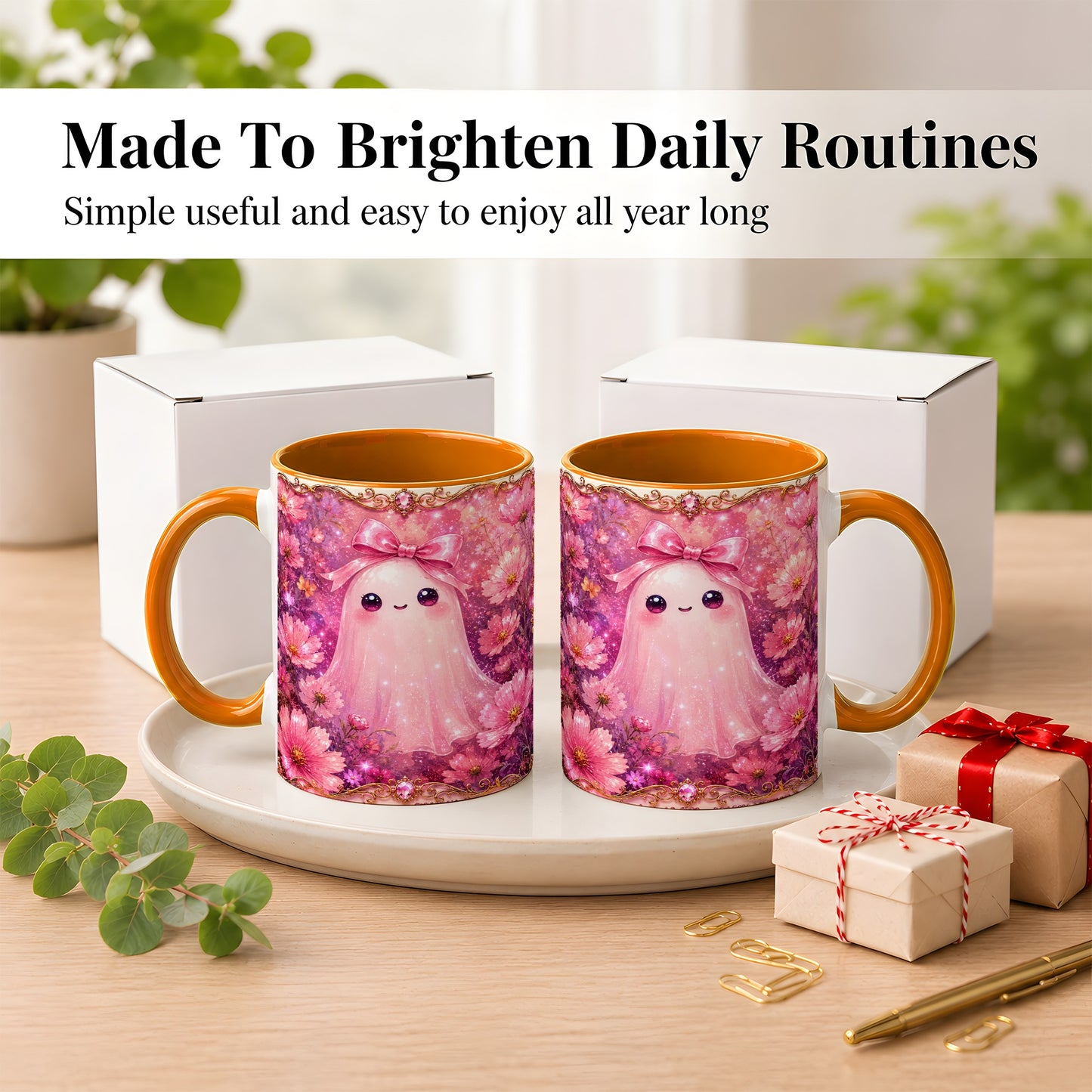 #pl[11oz|Orange] Pink Ghost Coffee Mug, Floral Bow Mug, Ceramic Cup with Cosmos Art